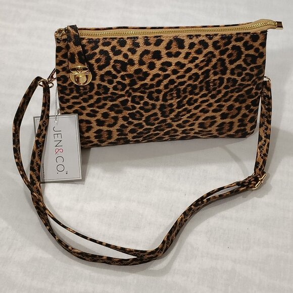 Jen & Co Riley Leopard Print Handbag Crossbody Strap Wristlet Vegan Leather NWT - Picture 16 of 16